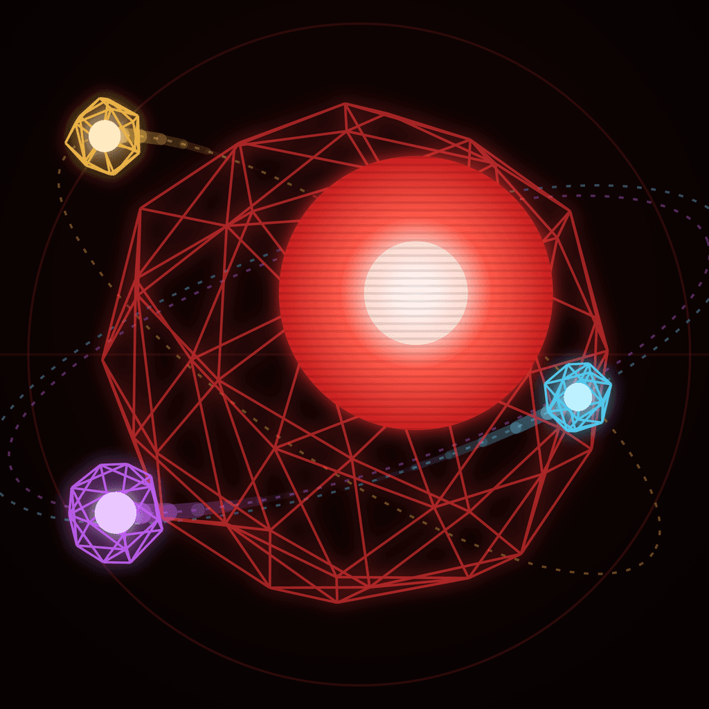 Randy Johnson logomark — a red wireframe core with three orbiting colored nodes